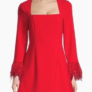 Likely Red Long Sleeve Dress with Feather Cuffs
